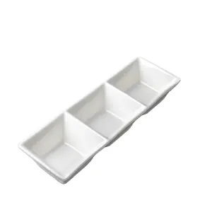 Plato de salsa rectangular de 8 pulgadas, platillo de tres rejillas de cerámica dividida, plato de salsa de porcelana blanca pequeña para Sushi