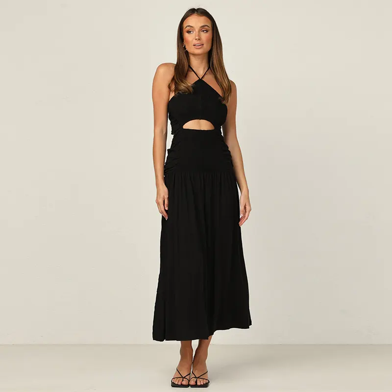 Sexy halter neckline waist cut out shirred midi dress in Black side split open back with bow maxi casual dresses