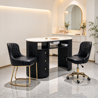 Ensemble de table à ongles avec chaise de technicienne ongulaire, table de manucure en PU noir avec tiroir collecteur de poussière, cadre doré, mobilier de salon de manucure