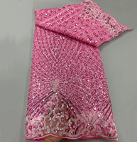 3736 Tissu en dentelle de tulle nigérian africain de luxe couleur rose perlé, maille de perles de luxe, dentelle française perlée 2025 pour robe de soirée femme