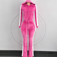 Ensemble de survêtement 2 pièces streetwear pour femme, style Y2K, en velours, avec veste courte zippée à capuche et pantalon évasé taille haute à rayures latérales, collection hiver
