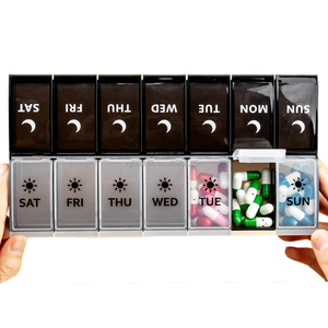 Usine grande capacité PP hebdomadaire pilule boîte de rangement 7 jours 2 fois par jour 14 compartiments AM.PM.mo rning <span class=keywords><strong>soir</strong></span>ée pilule organisateur boîte - Product Image 1