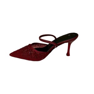 Sandalias de tacón fino con correa y diamantes de imitación, transpirables, de malla, para mujer, estilo slip-on, negras, de tacón alto, novedad de verano - Product Image 2