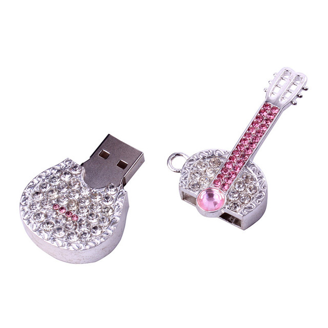 Jewelry USB 2.0 Crystal Flash Drive Guitar Necklace Thumb Drive 16GB/64GB Keychain U Disk in Stock 3-Year Warranty