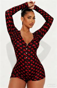 Pijama Enterizo con Estampado de Corazones de San Valentín para Mujer, Ajuste Delgado, con Solapa Trasera Funcional con Botones - Product Image 5