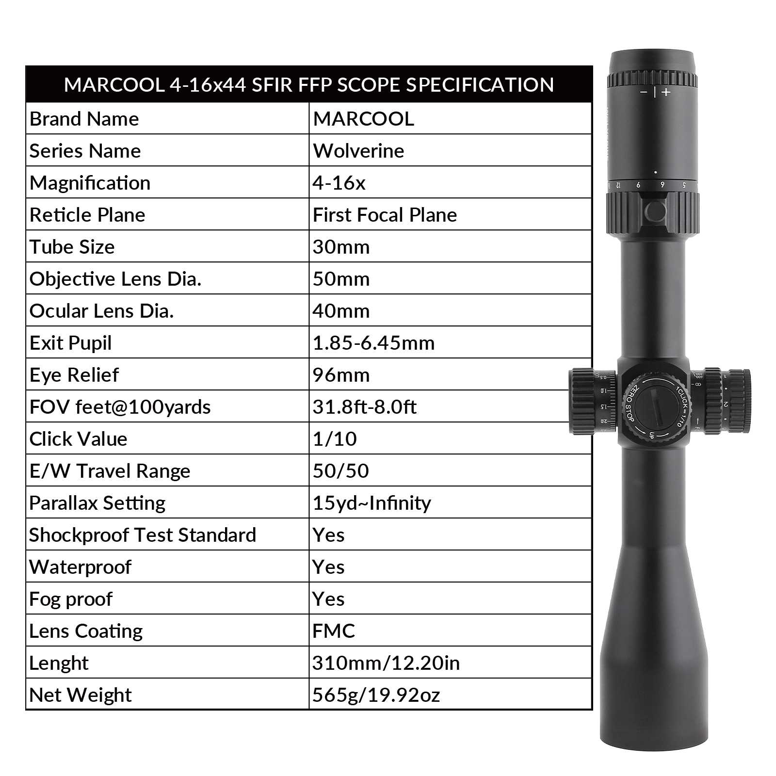 Marcool Wolverine 4-16x44 FFP Hunting Scope - Lightweight