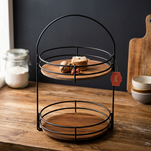Premium 2 Tier Acacia Wood Cake Stand <b>Round</b> <b>Serving</b> <b>Tray</b> with Metal Frame Handles Luxury Dessert Drink Food Display Platter - Product Image 4