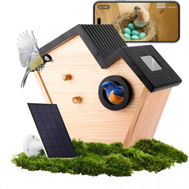 Smart Birdhouse 2K HD Camera Solar Powered Outdoor Wooden Bird House Self-selecting AI Bird Identification Multi-Mount Gift Bird