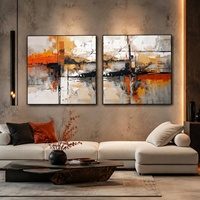 Peinture à l'huile paysagère Art déco urbaine texturée orange et grise, faite à la main, sur toile encadrée, horizontale large, noire/dorée, art mural moderne