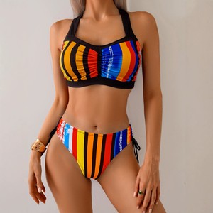 Conjunto de Dos Piezas para Mujer, Estilo Europeo <span class=keywords><strong>Americano</strong></span> 2025, Cuello con Abertura Lateral, Rayas, Spandex/Poliéster, Bikini Sexy con Espalda Descubierta, con Relleno en el Pecho, Tipo <span class=keywords><strong>Boxer</strong></span> - Product Image 2