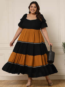 Robe d'été pour femme grande taille en rayonne unie tie-dye, à volants, coupe évasée, taille naturelle, col cœur, manches bouffantes mi-longues - Product Image 1