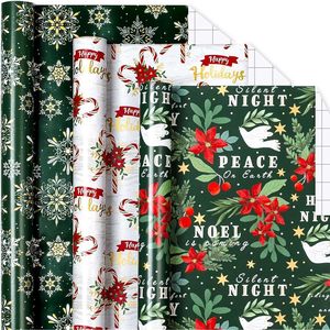 Rollos de Papel de Regalo Navideño Verde y Rojo con Dalias, Bastones de Caramelo y Copos de Nieve, 17x120 Pulgadas, 42.5 Pies Cuadrados, Papel Especial de Doble Cara - Product Image 1