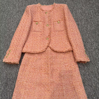 Ensemble Blazer et Pantalon en Tweed Rose pour Femme, Boutons Dorés, Style Parisien Élégant, Luxe Printemps 2026