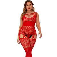 Vente en gros de lingerie féminine : Body en Spandex/Nylon Jacquard résille pour grandes tailles, rouge, sexy, avec dentelle Dobby et décoration ajourée