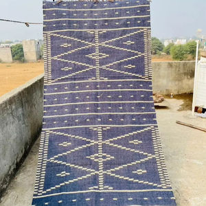 Tapis de couloir bohème en laine et jute, écologique, réversible, motif bleu et blanc, style vintage pour chambre ou porte - Product Image 1
