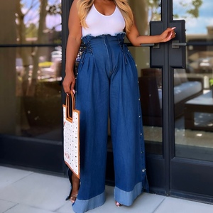 Women's High Waist Straight Jeans Casual Tie <b>Rope</b> Button Stretch Wide Leg Pants Fashion - Product Image 1