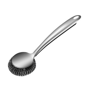 Stainless Steel Pot Scrubber Long Handle Kitchen Cleaning <b>Brush</b> <b>Round</b> Pad With Steel Wool For Heavy Duty Dishwashing - Product Image 3