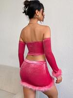Conjunto de Falda y Top Corto con Ribete Peludo de Alta Calidad, Nuevo, Top de Moda, Rosa Fuerte, Sin Tirantes, Sexy, de Terciopelo, Conjunto de Dos Piezas para Mujer