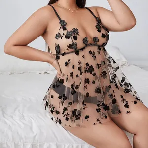 Großhandel Schwarze Frauen Mesh erotisch sexy Blumen applikationen Mesh Slips Babydoll plus Größe Damen kleider Dessous