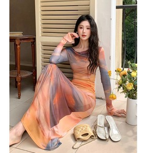 French Style Sunset Tie Dye Print Halter Neck Mesh Dress Tight Waist Elegant Slimming Orange Polyester Women's Sweater Dress - Product Image 3