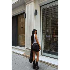 Mini <b>Skirt</b> for Girls <b>Black</b> <b>Pleated</b> Crocheted Woven Cotton Korean Style Ruffles Print Decorations XS Size Casual for Spring - Product Image 1