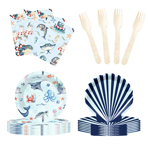 DAMAI - Platos, Vasos y Servilletas Desechables de Papel con Diseño de Conchas a Rayas Azules y Azul Oscuro para Fiestas de Cumpleaños - Product Image 3