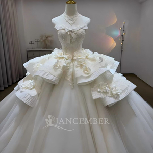 Robe de mariée de luxe Lsjj133, coupe ajustée, sans bretelles, en tulle, style robe de bal, avec traîne chapelle, longueur ras du sol, décolleté cœur, décorations florales en cristal - Product Image 4