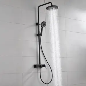 Modern complete brass matte black bathroom shower faucet square shower head set rainfall shower set with shelf