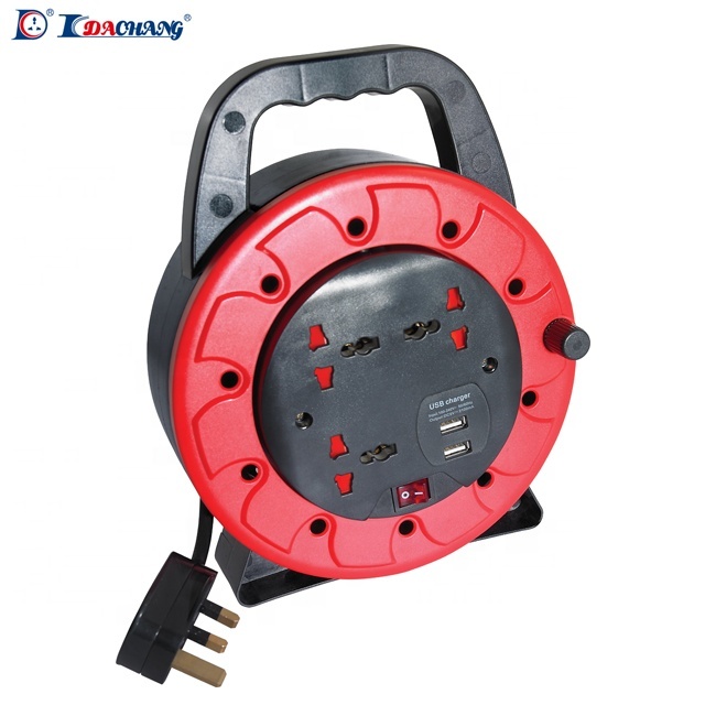 BS Plug Universal Retractable Cable Reel Drum 13A 3/4 Outlets 2 Ports Extension Socket