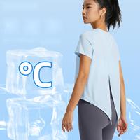 2023 Top deportivo informal ropa de mujer con abertura en la espalda Yoga entrenamiento secado rápido dobladillo curvo Split Tee para mujer