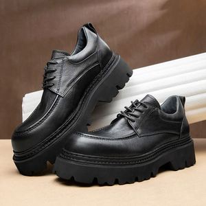 Men's High End Cowhide Business Casual Leather Shoes Outdoor <b>Platform</b> Low Cut Lace up Work Shoes Height Increasing Autumn - Product Image 3
