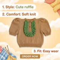 Pull en tricot unisexe pour bébé, vert contrastant, à volants, col en U, manches bouffantes, manches courtes, doublure en coton