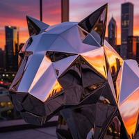 Grande sculpture géométrique en acier inoxydable poli, motif léopard, art urbain minimaliste pour extérieur, statue d'animal sauvage personnalisée