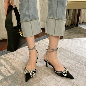 2023 New Fashion Glitter Rhinestones Women Pumps Crystal Bowknot Silk <b>Pointed</b> <b>Toe</b> Buckle Strap Thin High Heels Party Prom Shoes - Product Image 2