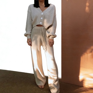 Ensemble de 2 pièces pour femmes, cardigan uni à manches longues en tricot et pantalon, mode décontractée - Product Image 3