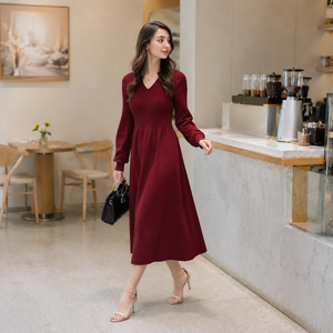 Vestido Largo de Punto Grueso y Sólido, Estilo A-Line, Manga Larga, Suave, Cálido y Versátil, para Damas, Otoño Invierno, Uso Diario - Product Image 4