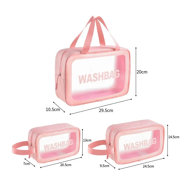 PU Transparent cosmetic bag set 3 pcs pink wash bag waterproof bath Storage cosmetic travel bag