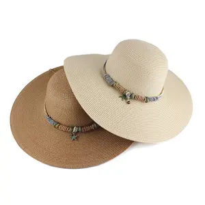 Fabrika tasarımcı toplu renkli büyük ağız kağıt hasır şapka kadın geniş ağız baskı logosu ve güzellik halat dekor ile plaj şapkası yaz