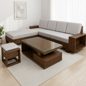 Canapé en teck en forme de L moderne avec coussins gris, canapé sectionnel scandinave avec rangement pour la maison, l'appartement, la villa, l'hôtel, le salon - Product Image 1