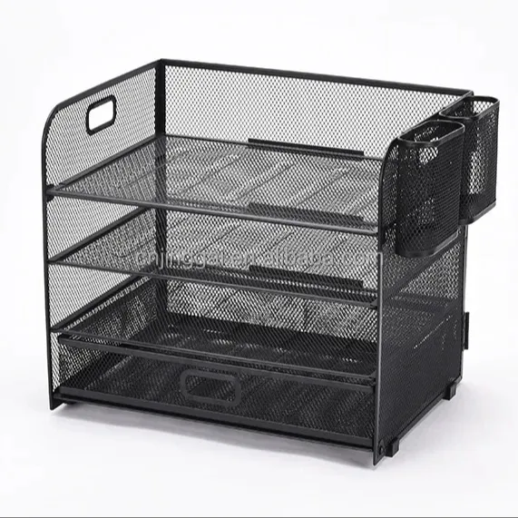 Desktop Opvouwbare Metalen Mesh Opvouwbare Papieren Brief Organizer 4-Tiers Bestand Desk Organisatoren Met Lade Voor Kantoorbenodigdheden