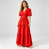 Robe longue maxi décontractée d'été pour femme, col en V, manches courtes bouffantes, taille haute, à volants étagés, pour plage et soirée, vêtements féminins ODMOEM