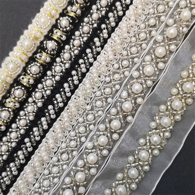 Modedesign 1yd Perle schwarze Perlen Pailletten Spitzen besatz Braut perlen Spitze Stickerei Besatz