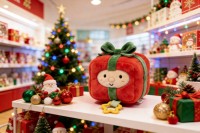 Verpackte Geschenkbox Plüschtier Stofftierpuppe Große Schleife Rot-Grünes Band Lächelndes Gesicht Kissen Festtagsgeschenk