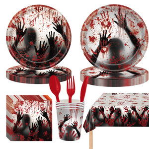 Halloween Bloodhand Party Tableware Disposable Paper <b>Plates</b> Cups Napkins Tablecloth Cutlery Set - Product Image 1