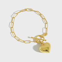 Bijoux de haute qualité, bracelet en argent sterling 925 en forme de cœur, plaqué or 18 carats, bracelet en forme de cœur, bracelet à chaîne en forme de trombone
