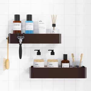 Custom Dark Brown <b>Wall</b> Mounted Bathroom <b>Shelf</b> Set 2 Tier Rectangular Durable Storage Rack For Toiletries - Product Image 1