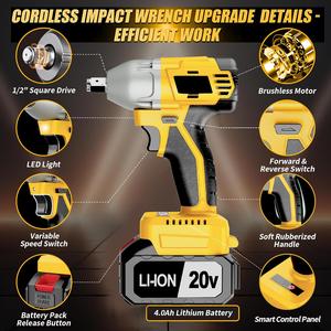 20V Brushless Cordless Impact Wrench Set 1 2 Inch Drive 430NM Torque Industrial Grade 3 in <b>Tool</b> Kit Battery <b>Powered</b> CW-20B-1 Cor - Product Image 6