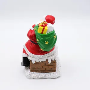 Custom New Christmas Decor Resin Miniature Santa Claus Going Down Chimney Figurine Ornaments Tabletop Sculpture