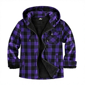 Premium Men's Thick Plaid Fleece <b>Jacket</b> with Sherpa Lining Full Zip Hooded Winter Streetwear Purple & Black - Product Image 2