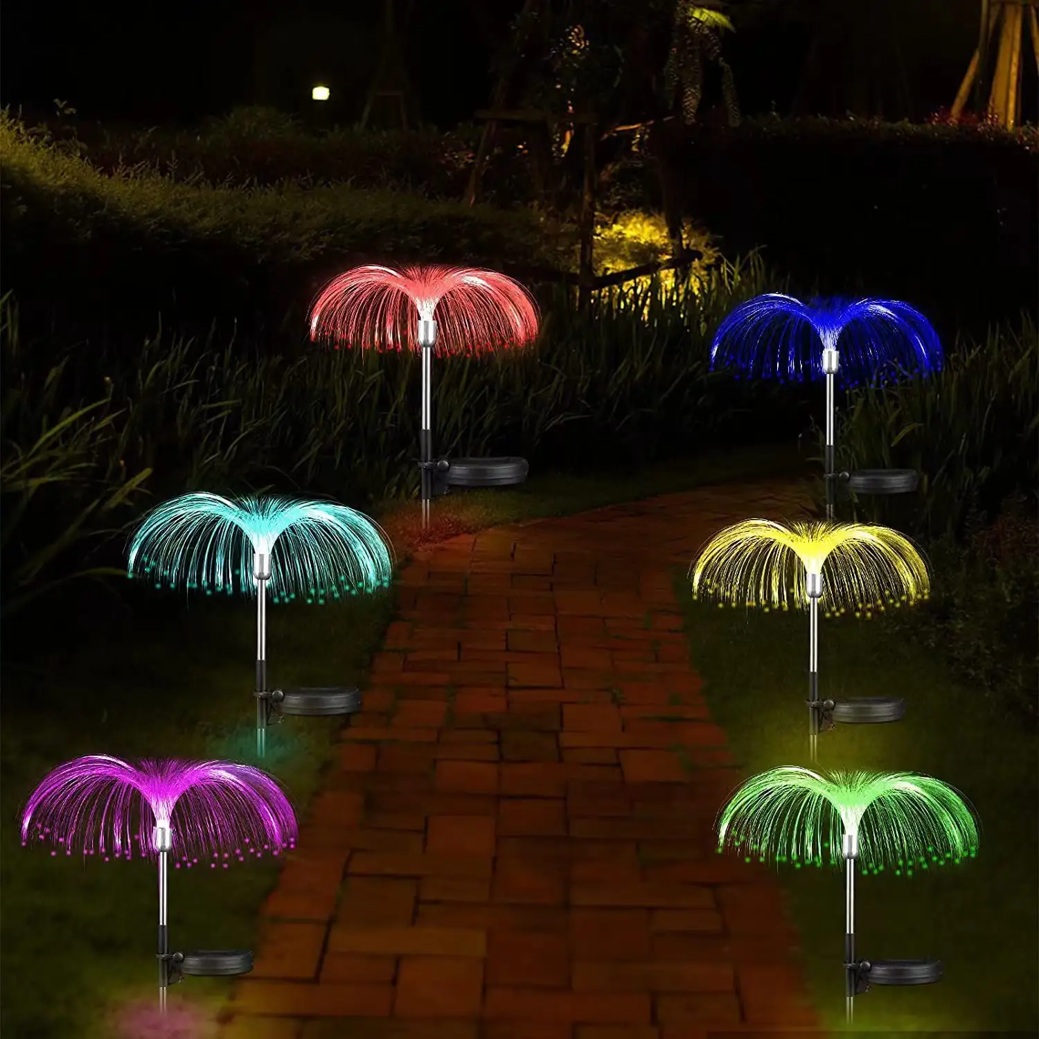 Decorazione esterna impermeabile prato spina di terra lampada RGB 7 colori luci solari da giardino led solare medusa fibra ottica luce Yard